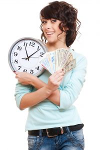 woman with a clock and a handful of dollar bills
