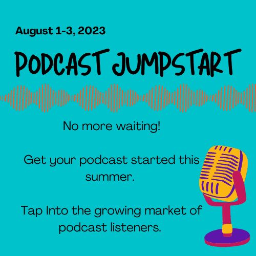 Graphic with teal background and podcast icons announcing product Podcast Jumpstart
