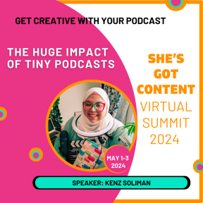 Promotional image for a virtual summit titled "she's got virtual content summit 2024," featuring speaker kenz soliman, who is pictured smiling and wearing a hijab.