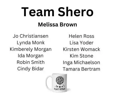 A mug featuring a tree design with the words "team shero" and "melissa brown" surrounded by names of team members.