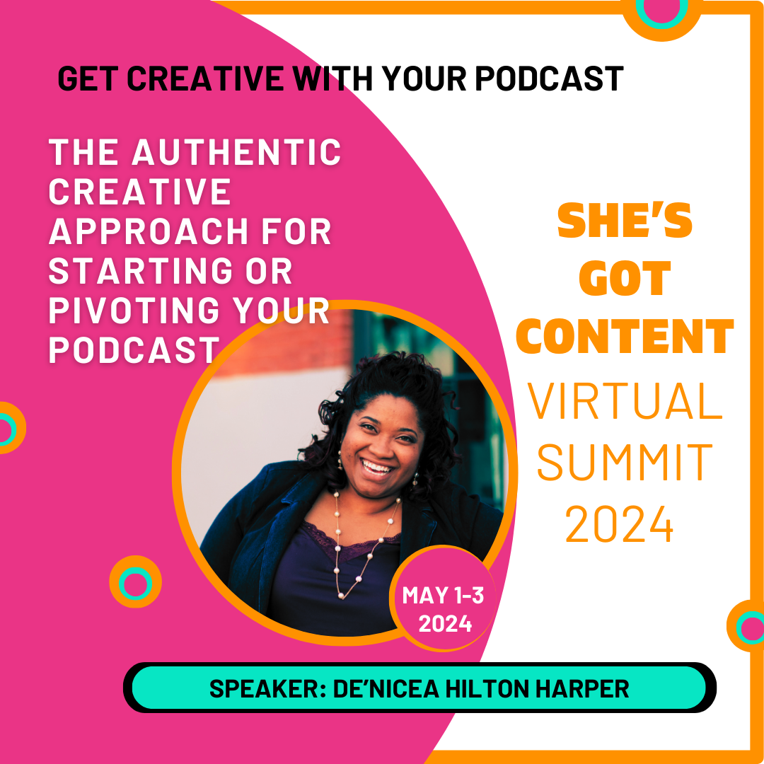 Colorful promotional graphic for a virtual summit featuring a smiling woman, with text about a podcast content summit occurring may 1-3, 2024.