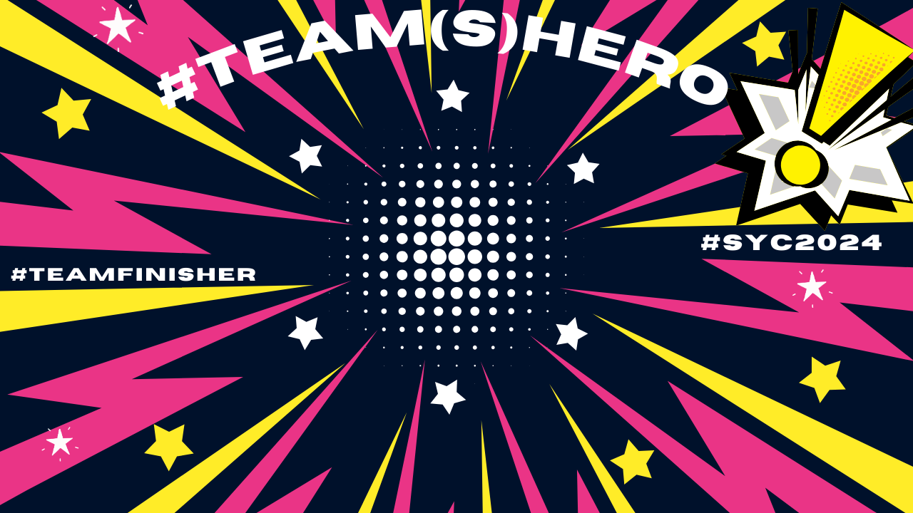Comic book style graphic with hashtags #teamhero and #teamfinisher, suggesting two competing teams for an event in 2024, depicted with vibrant colors, starbursts, and dynamic lines.